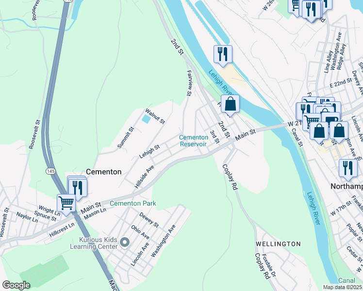 map of restaurants, bars, coffee shops, grocery stores, and more near 5401 Hillside Avenue in Lehigh County
