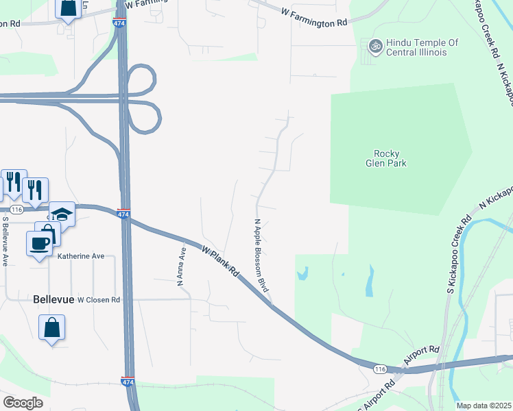 map of restaurants, bars, coffee shops, grocery stores, and more near 204 North Apple Blossom Boulevard in Bellevue