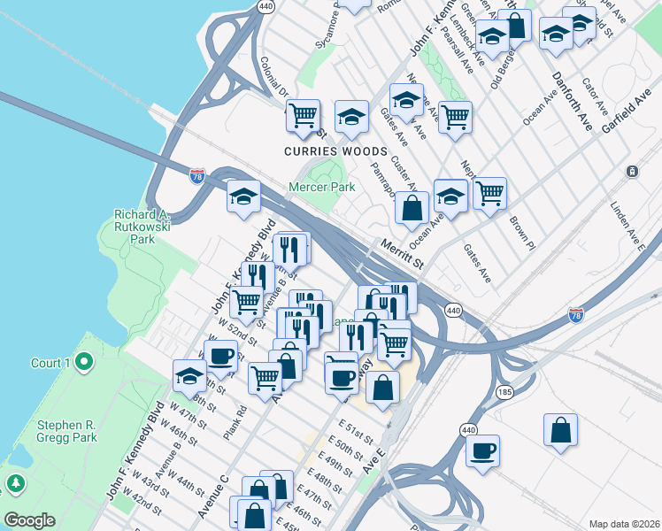 map of restaurants, bars, coffee shops, grocery stores, and more near 80 West 58th Street in Bayonne
