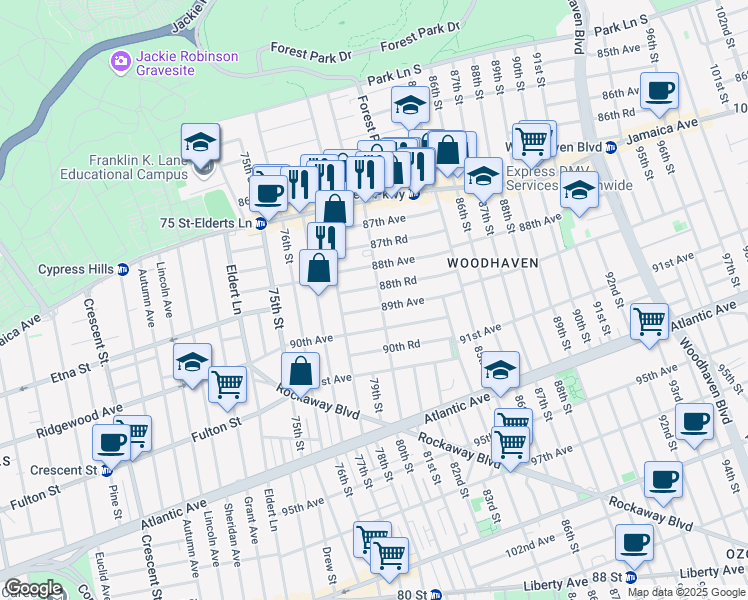 map of restaurants, bars, coffee shops, grocery stores, and more near 88-38 80th Street in Queens