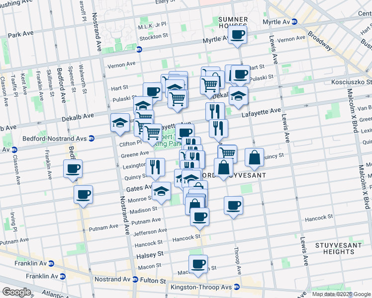 map of restaurants, bars, coffee shops, grocery stores, and more near 593 Greene Avenue in Brooklyn