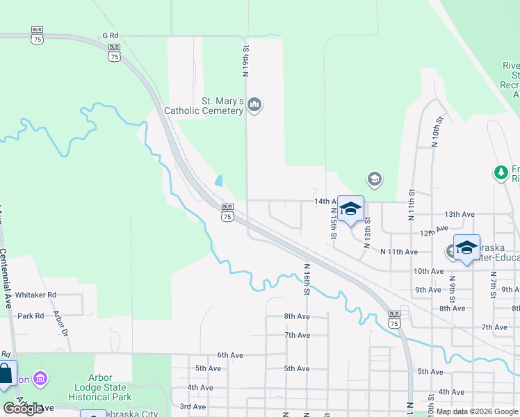 map of restaurants, bars, coffee shops, grocery stores, and more near 1240 North 19th Street in Nebraska City