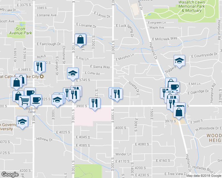map of restaurants, bars, coffee shops, grocery stores, and more near 3780 South 1300 East in Millcreek