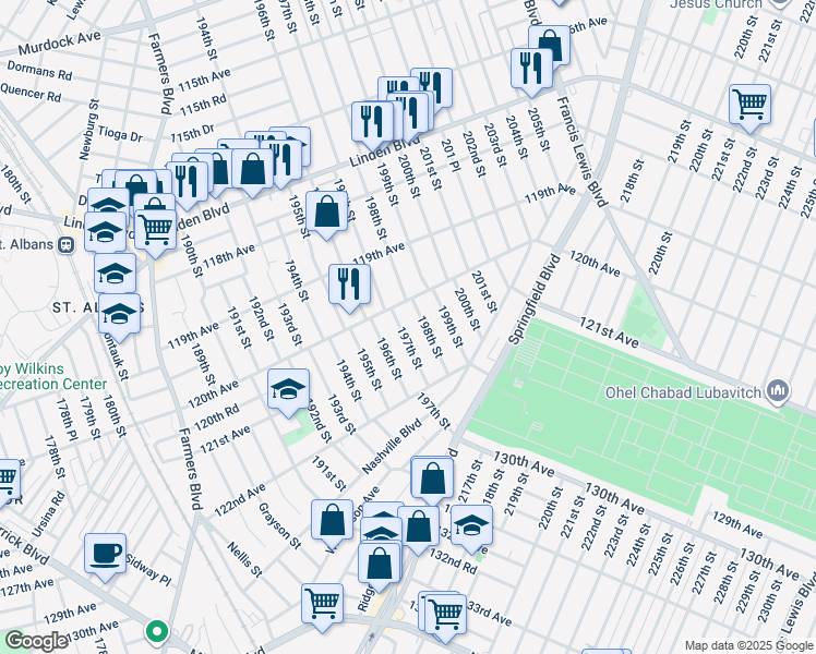 map of restaurants, bars, coffee shops, grocery stores, and more near 120-21 197th Street in Queens