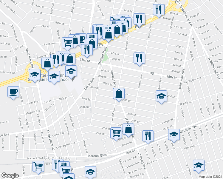 map of restaurants, bars, coffee shops, grocery stores, and more near 59 31st Street in Copiague