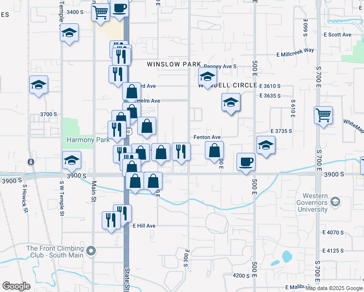 map of restaurants, bars, coffee shops, grocery stores, and more near 275 Rigdon Avenue in South Salt Lake