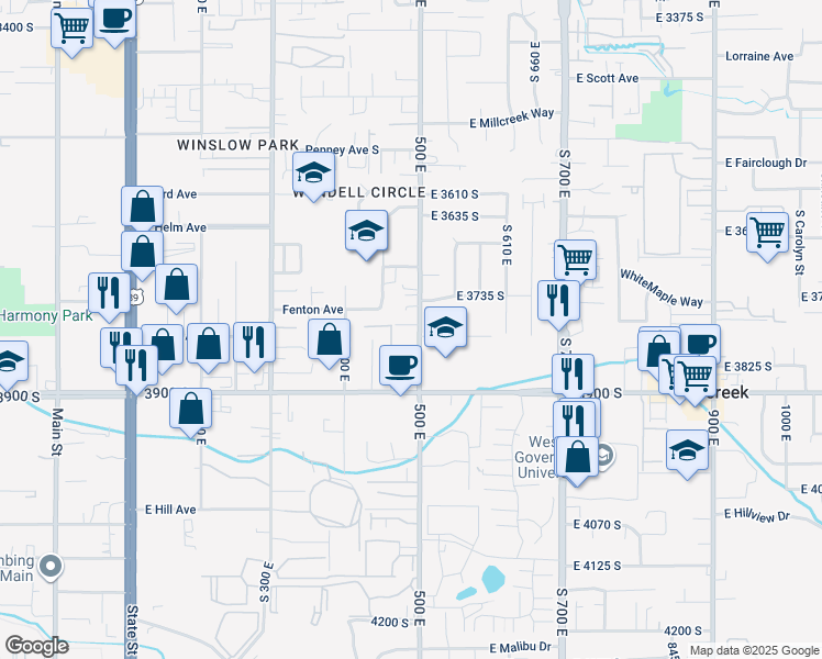 map of restaurants, bars, coffee shops, grocery stores, and more near 3780 500 East in South Salt Lake