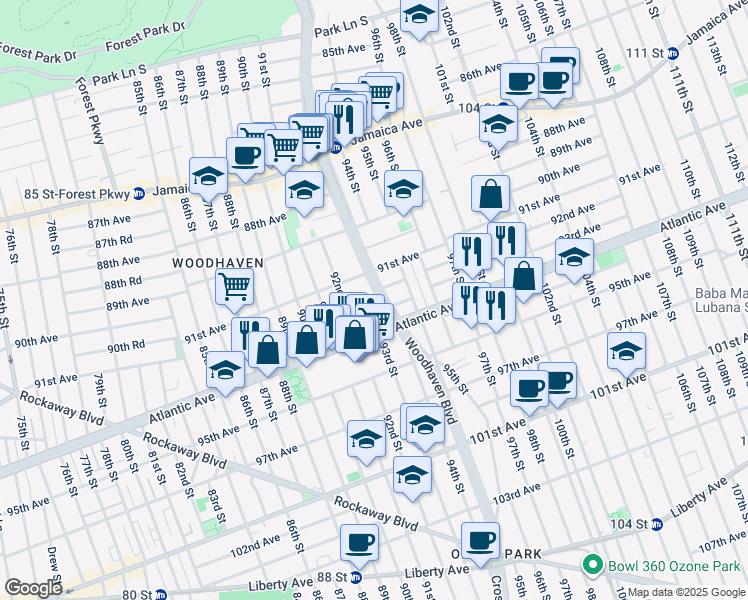 map of restaurants, bars, coffee shops, grocery stores, and more near 9206 Woodhaven Boulevard in Queens