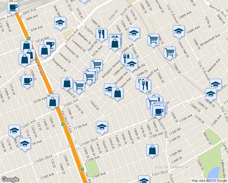 map of restaurants, bars, coffee shops, grocery stores, and more near 145-27 Glassboro Avenue in Queens