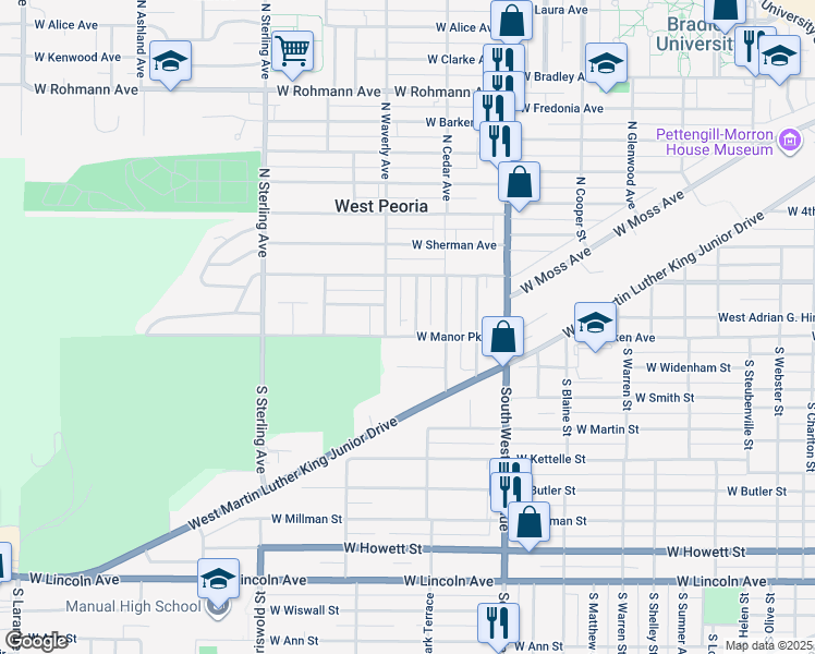 map of restaurants, bars, coffee shops, grocery stores, and more near 105 North Bergan Avenue in West Peoria