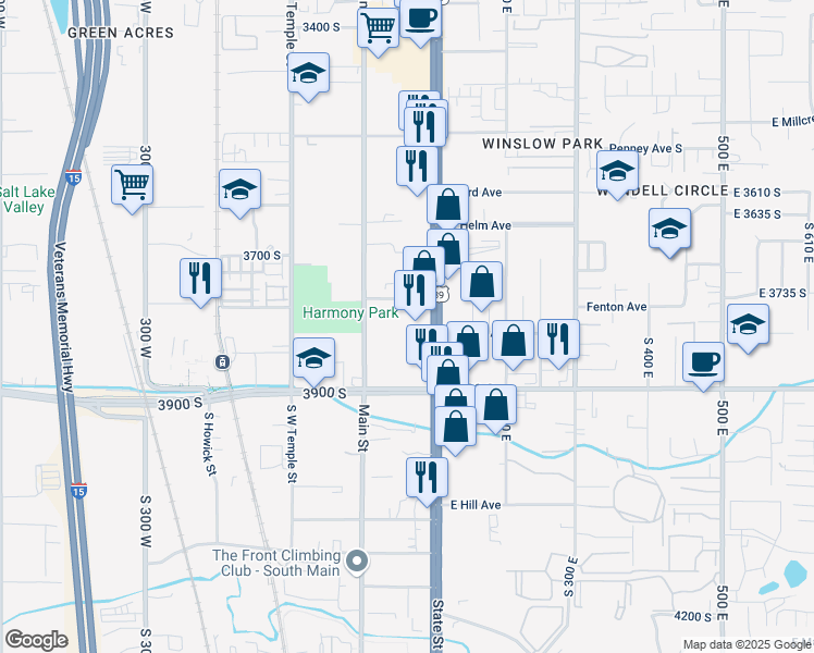 map of restaurants, bars, coffee shops, grocery stores, and more near 74 East 3750 South in South Salt Lake