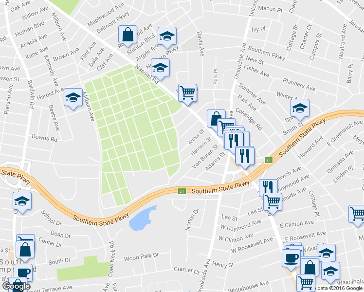 map of restaurants, bars, coffee shops, grocery stores, and more near 1062 Arthur Street in Uniondale