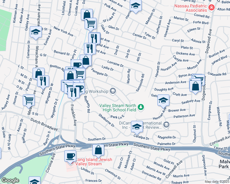 map of restaurants, bars, coffee shops, grocery stores, and more near 1009 Park Lane North in Franklin Square