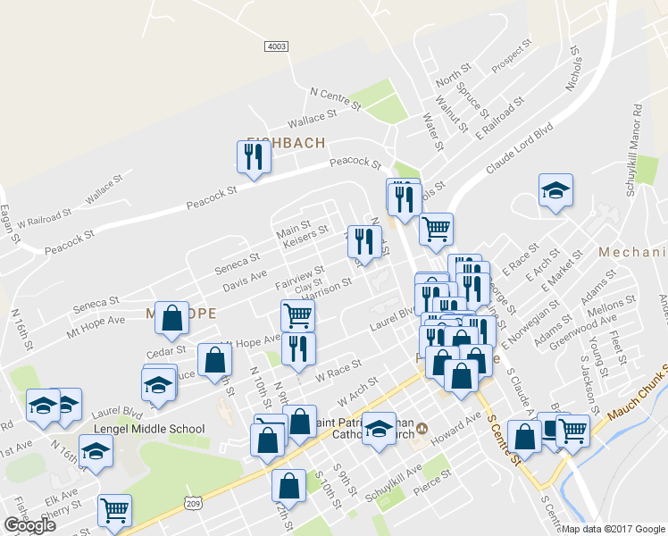 map of restaurants, bars, coffee shops, grocery stores, and more near 431 Fairview St in Pottsville
