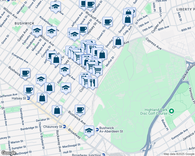 map of restaurants, bars, coffee shops, grocery stores, and more near Wilson Ave & Moffat St in Brooklyn