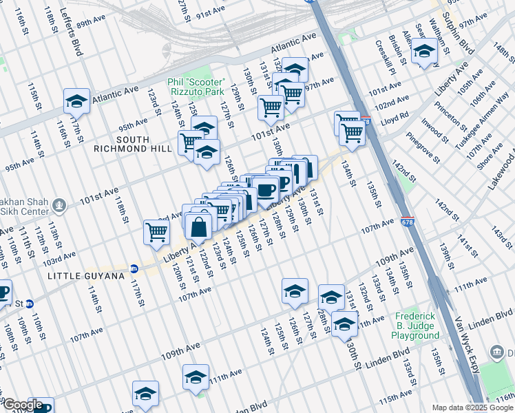 map of restaurants, bars, coffee shops, grocery stores, and more near 126-17 Liberty Avenue in Queens