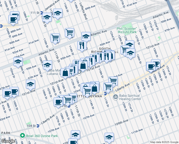 map of restaurants, bars, coffee shops, grocery stores, and more near 10102 116th Street in Queens