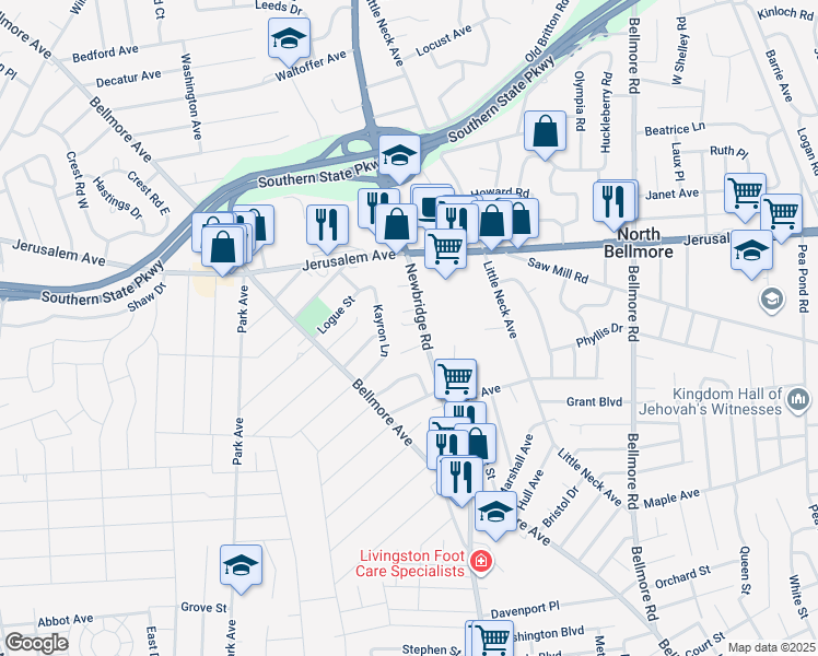 map of restaurants, bars, coffee shops, grocery stores, and more near 1288A Newbridge Road in North Bellmore