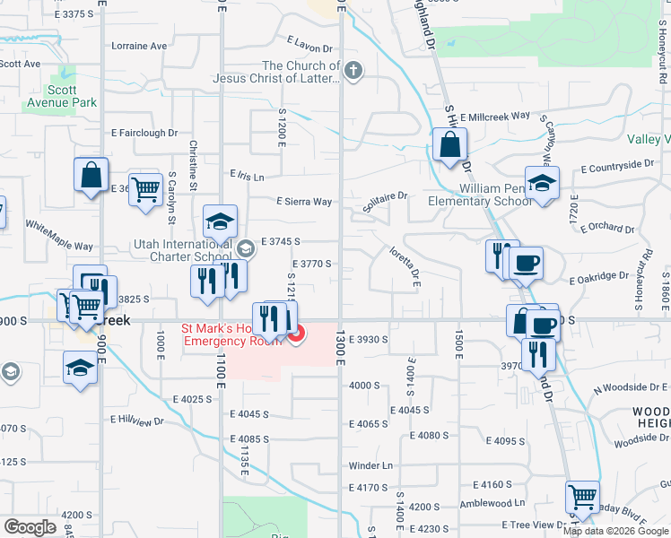 map of restaurants, bars, coffee shops, grocery stores, and more near 3780 South 1300 East in Millcreek