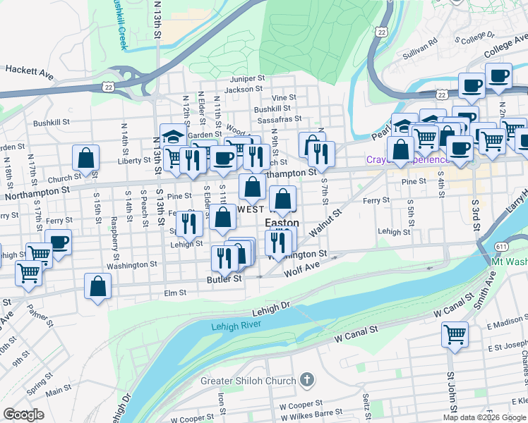 map of restaurants, bars, coffee shops, grocery stores, and more near 932 Ferry Street in Easton