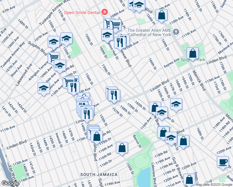 map of restaurants, bars, coffee shops, grocery stores, and more near 112-22 159th Street in Queens