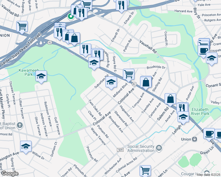map of restaurants, bars, coffee shops, grocery stores, and more near 900 Midland Boulevard in Union