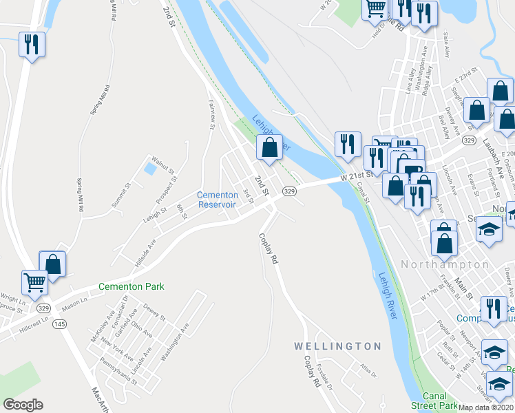 map of restaurants, bars, coffee shops, grocery stores, and more near 5219 Pennsylvania 329 in Lehigh County