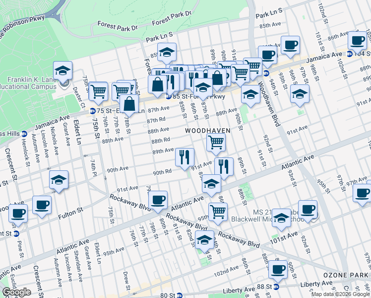 map of restaurants, bars, coffee shops, grocery stores, and more near 84-04 89th Avenue in Queens