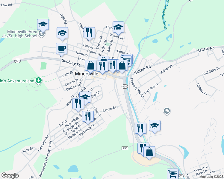 map of restaurants, bars, coffee shops, grocery stores, and more near 10 Locust St in Minersville
