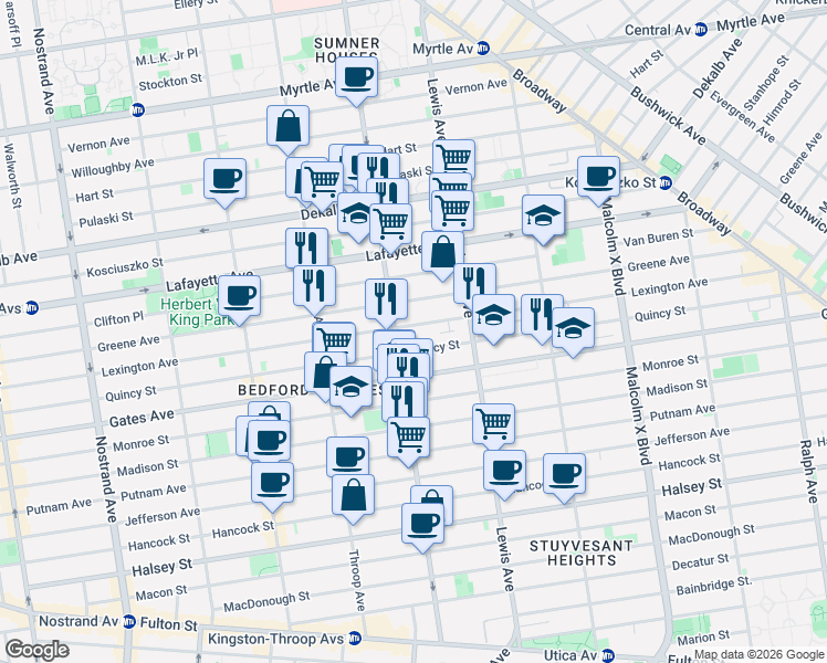 map of restaurants, bars, coffee shops, grocery stores, and more near 544 Lexington Avenue in Brooklyn