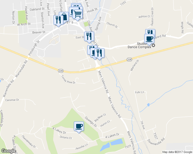 map of restaurants, bars, coffee shops, grocery stores, and more near 119 Oak Alley in Mars