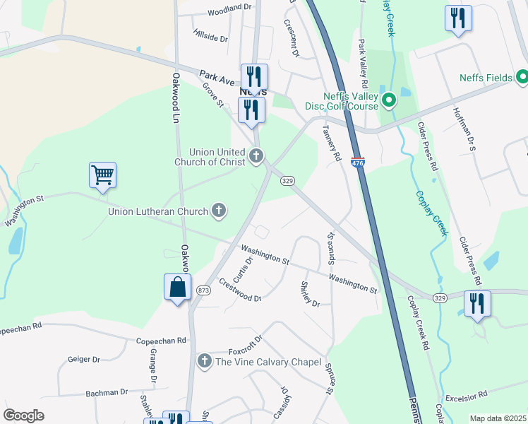 map of restaurants, bars, coffee shops, grocery stores, and more near 5543 Pennsylvania 873 in Schnecksville