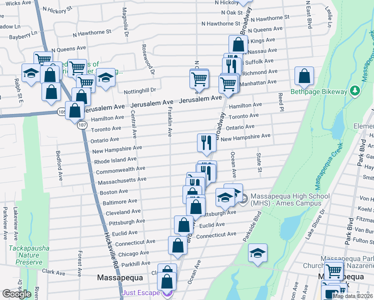 map of restaurants, bars, coffee shops, grocery stores, and more near 155 Rhode Island Avenue in Massapequa