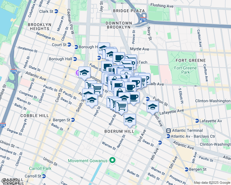 map of restaurants, bars, coffee shops, grocery stores, and more near 250 Livingston Street in Brooklyn
