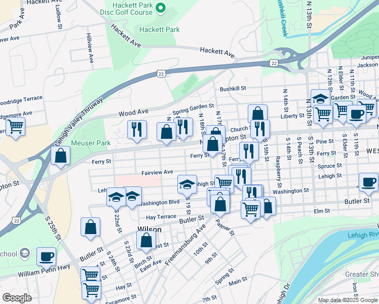 map of restaurants, bars, coffee shops, grocery stores, and more near 1857 Ferry Street in Easton