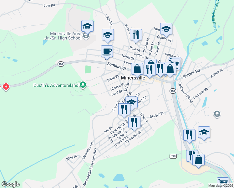 map of restaurants, bars, coffee shops, grocery stores, and more near 425 Coal Street in Minersville