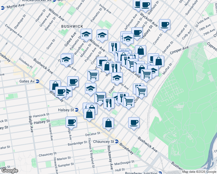 map of restaurants, bars, coffee shops, grocery stores, and more near 155 Eldert Street in Brooklyn