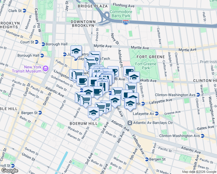map of restaurants, bars, coffee shops, grocery stores, and more near 395 Flatbush Avenue Extension in Brooklyn