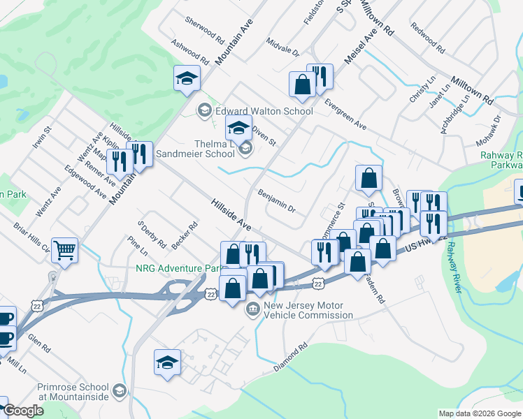 map of restaurants, bars, coffee shops, grocery stores, and more near 175 New Brook Lane in Springfield