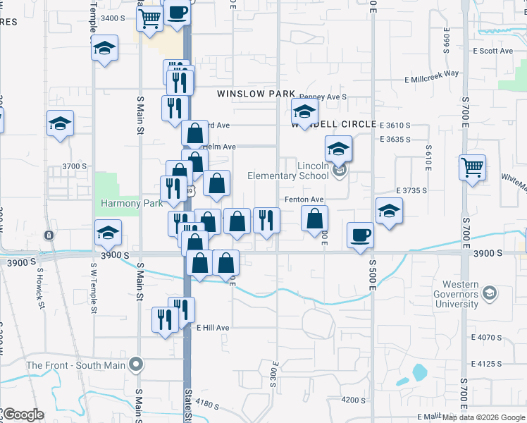 map of restaurants, bars, coffee shops, grocery stores, and more near 275 Rigdon Avenue in South Salt Lake