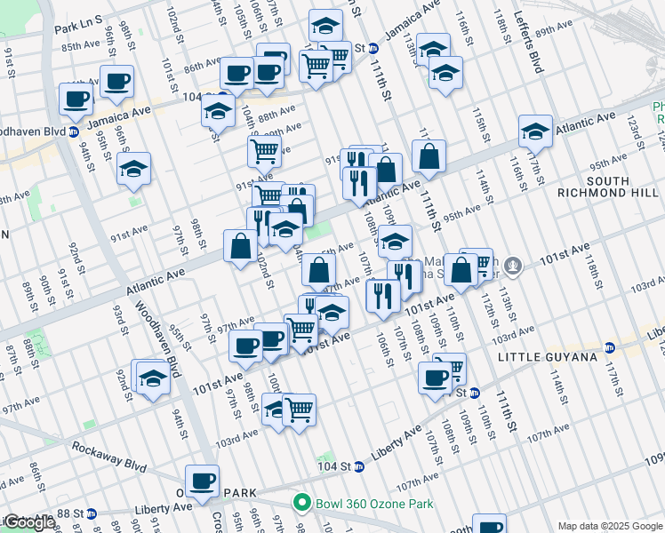 map of restaurants, bars, coffee shops, grocery stores, and more near 95-15 105th Street in Queens