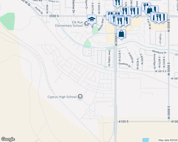 map of restaurants, bars, coffee shops, grocery stores, and more near 3814 South Landmark Lane in Magna