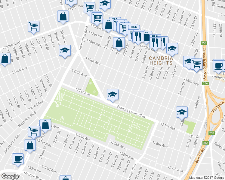 map of restaurants, bars, coffee shops, grocery stores, and more near 120-11 223rd Street in Queens