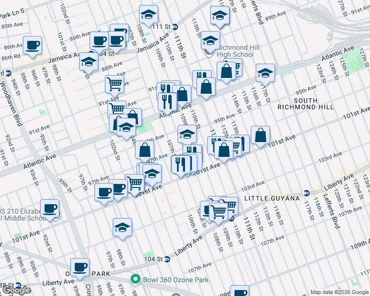 map of restaurants, bars, coffee shops, grocery stores, and more near 108-5 97th Avenue in Queens