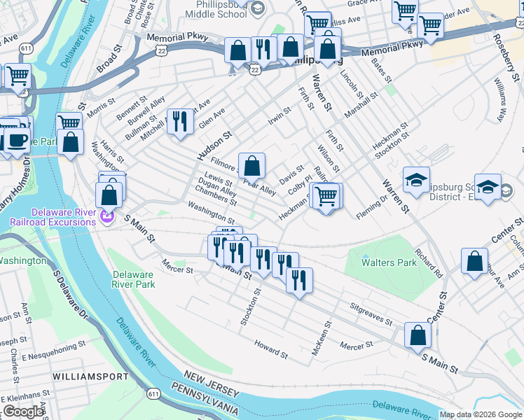 map of restaurants, bars, coffee shops, grocery stores, and more near 311 Chambers Street in Phillipsburg