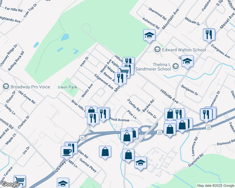 map of restaurants, bars, coffee shops, grocery stores, and more near 799 Mountain Avenue in Springfield