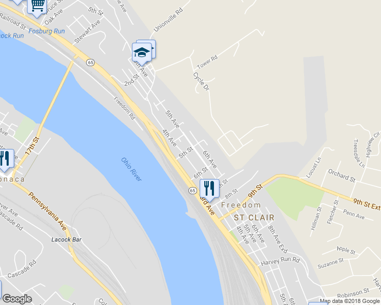 map of restaurants, bars, coffee shops, grocery stores, and more near 440 5th Street in Freedom