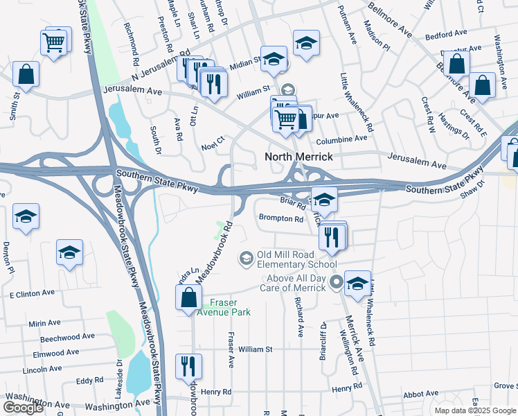 map of restaurants, bars, coffee shops, grocery stores, and more near 46 Brixton Road in Merrick