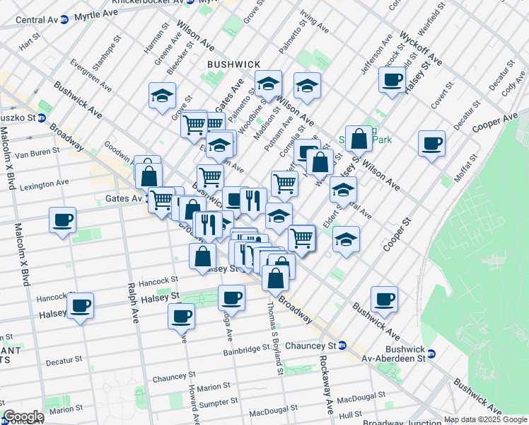 map of restaurants, bars, coffee shops, grocery stores, and more near 1109 Jefferson Avenue in Brooklyn