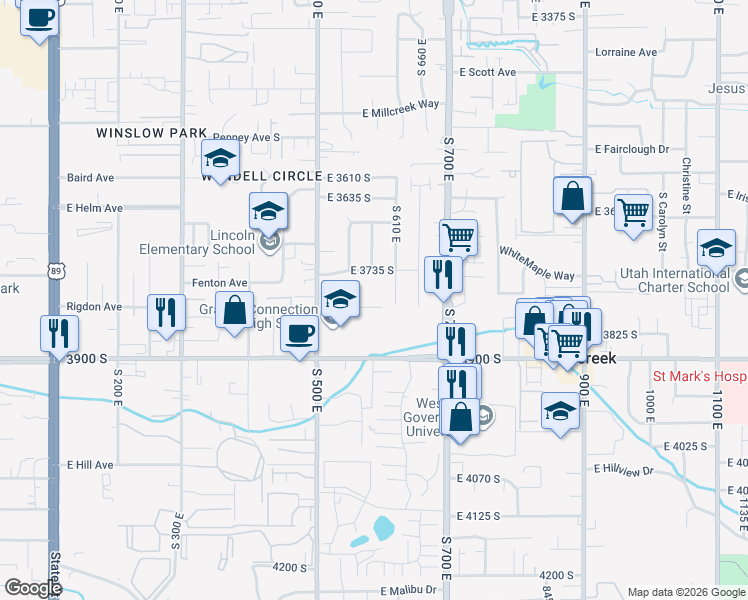 map of restaurants, bars, coffee shops, grocery stores, and more near 591 East 3790 South in South Salt Lake